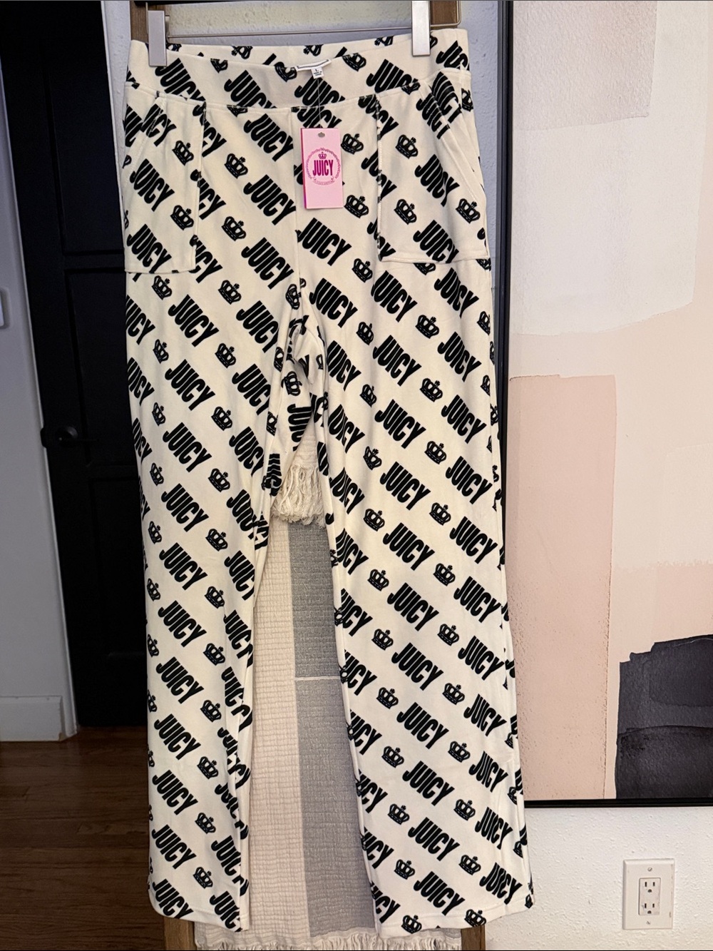 Juicy Couture Cream Lounge  Soft Velour Pants with Black Logo Print